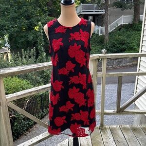 Donna Karan Sheer Black Embroidered Red Roses Sheath Dress Size 10